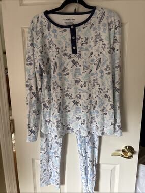 New Sammy + Nat Women's Pajama Set Beach Print Blue/White Long Sleeve pant sz L